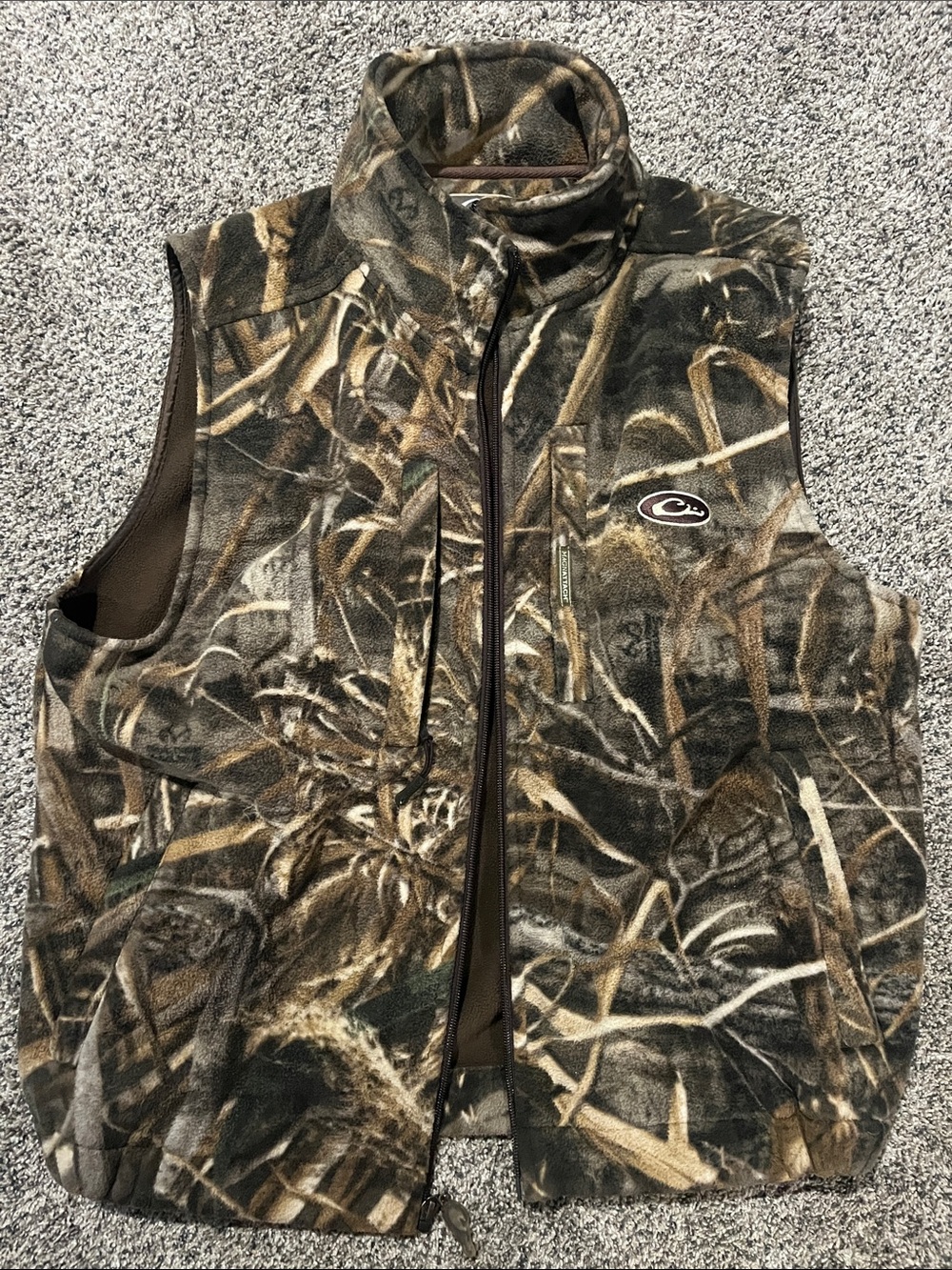 Drake Camouflage Fleece Hunting Vest in Brown and Green Camo